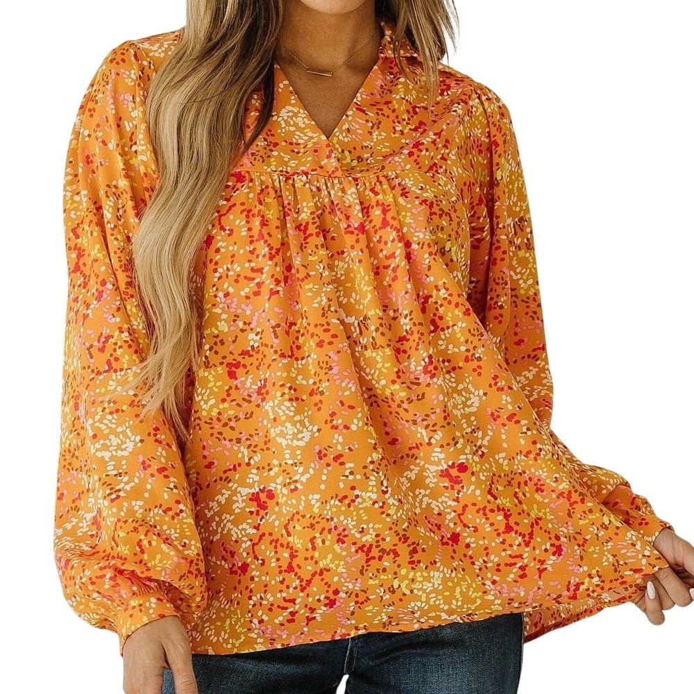 70's Inspired Orange Abstract Print Babydoll Blouse Balloon Sleeve Peasant Top M
